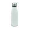 A drink bottle in white aluminium with a stainless steel lid and a logo on its surface.