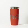 A drink bottle in a rust red colour with a stainless steel lid and a logo on the side.