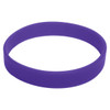 A purple silicone wristband featuring a simple design and a smooth finish. It includes a logo.