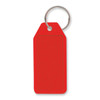 A red budget key ring with a blank rectangular tag for customization.