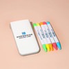 A highlighter set with five markers in pink, orange, yellow, green, and blue, contained in a white case with a logo.