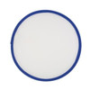 A fold-up flying disc with a blue edge and a white centre, featuring a logo.