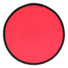 A red fold-up flying disc with a black border, compact and round in shape. It has a branded logo.