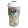 A translucent salad shaker with a white lid and green top, filled with fresh salad ingredients. It features a logo.