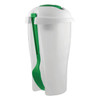 A white salad shaker with a green lid and a green fork attached to the side. It features a logo.