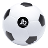 A stress ball shaped like a classic soccer ball, featuring black and white panels and a small logo.