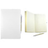 A white recycled notebook with lined pages, accompanied by a pen. The notebook has a branding logo.