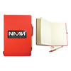 A red recycled notebook with a black logo, an open view revealing lined pages, and a pen beside it.
