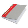 A grey recycled journal book with a red binding and a matching pen attached. The pages are lined and include a logo.