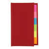 A red book with multiple coloured sticky note marker strips peeking out from the side. It has a logo on the cover.