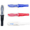 A set of four markers in black, blue, red, and white with caps, featuring a logo on each.