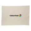 A cotton tea towel in cream colour featuring a logo at the centre.