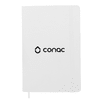 A white notebook with a logo on the cover and a ribbon marker. Suitable for office and business use.