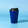 A blue 350mL coffee mug with a black lid, featuring a logo on the side.