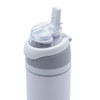 A drink bottle in white with grey accents, featuring a flip-top lid and a branding logo.