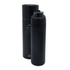 A drink bottle in matte black, standing beside its cylindrical packaging. The bottle has a textured lid and a logo.