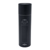 A drink bottle in matte black featuring a design outline and a screw-top lid. It has a logo on the bottle.
