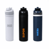 A drink bottle trio featuring white, black, and navy designs, each with a cap and a logo.