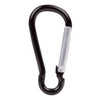 A black carabiner clip with a silver clasp, suitable for attaching items securely.