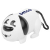 A white dog-shaped waste bag dispenser with black accents and a clip for attachment, featuring a logo.