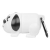 A white and black dog-shaped dispenser with a carabiner clip for pet waste bags.