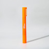 An orange highlighter with a textured grip and a clip, featuring a branding logo.