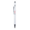 A metal pen in white with a textured grip, featuring a stylus tip and a logo.