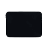 A black laptop sleeve with a zip closure and a smooth surface. Features a branding logo.
