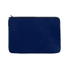 A navy blue laptop sleeve with a zip closure, featuring a subtle branding logo.