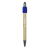 A bamboo pen featuring a blue grip and a black tip, with a logo displayed on the barrel.