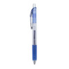 A blue gel ink pen with a transparent barrel and grip, featuring a silver clip and a smooth writing tip.