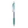 A gel ink pen in green with a transparent barrel and silver accents, featuring a clip and textured grip.