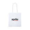 A white tote bag with two handles and a logo printed on the front.