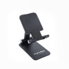 A black folding desktop mobile phone and tablet stand with a textured grip surface and adjustable angle.