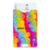 A vibrant, multicoloured suction phone wallet featuring circular suction cups and a card pocket. Contains a logo.