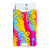 A multi-coloured suction phone wallet featuring vibrant pink, yellow, and blue patterns with suction cups.