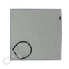A grey golf towel with a black loop and branding tag, featuring a sleek and simple design.