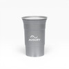 A drink cup made of recycled aluminium, featuring a sleek silver design and a logo on the front.