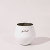 A white, detachable wine glass with a sleek design and a logo on the front.