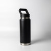 A drink bottle in black stainless steel with a silver base and a handle for easy carrying.