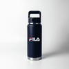 A drink bottle in navy blue with a stainless steel base and a sturdy handle, featuring a logo.