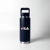 A drink bottle in a navy blue finish with a stainless steel base and a sturdy handle.