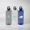A drink bottle collection featuring grey, clear, and blue plastic bottles with carabiners, each with a logo.