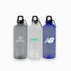 A drink bottle set featuring a grey, clear, and blue plastic bottle with carabiner and assorted logos.
