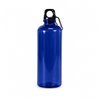A drink bottle in vibrant blue plastic, featuring a black carabiner and a classic design. It has a logo displayed.