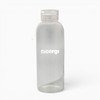 A drink bottle made of clear borosilicate glass with a screw-on lid and a logo.