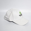 A white cotton baseball cap with a logo on the front, featuring a curved brim and an adjustable strap at the back.