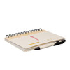 A spiral-bound notebook with a white cover, featuring a pen and a logo. The pages are blank with a yellow accent.