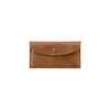 A PU leather glasses pouch in a light brown shade with a snap closure and a branding logo.