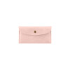 A pink PU leather glasses pouch with a gold snap closure and a smooth finish. Includes a logo on the surface.